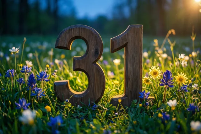 Houten cijfers 31 staan rechtop in een weide met lentebloemen onder een blauwe lucht in warm zonlicht.