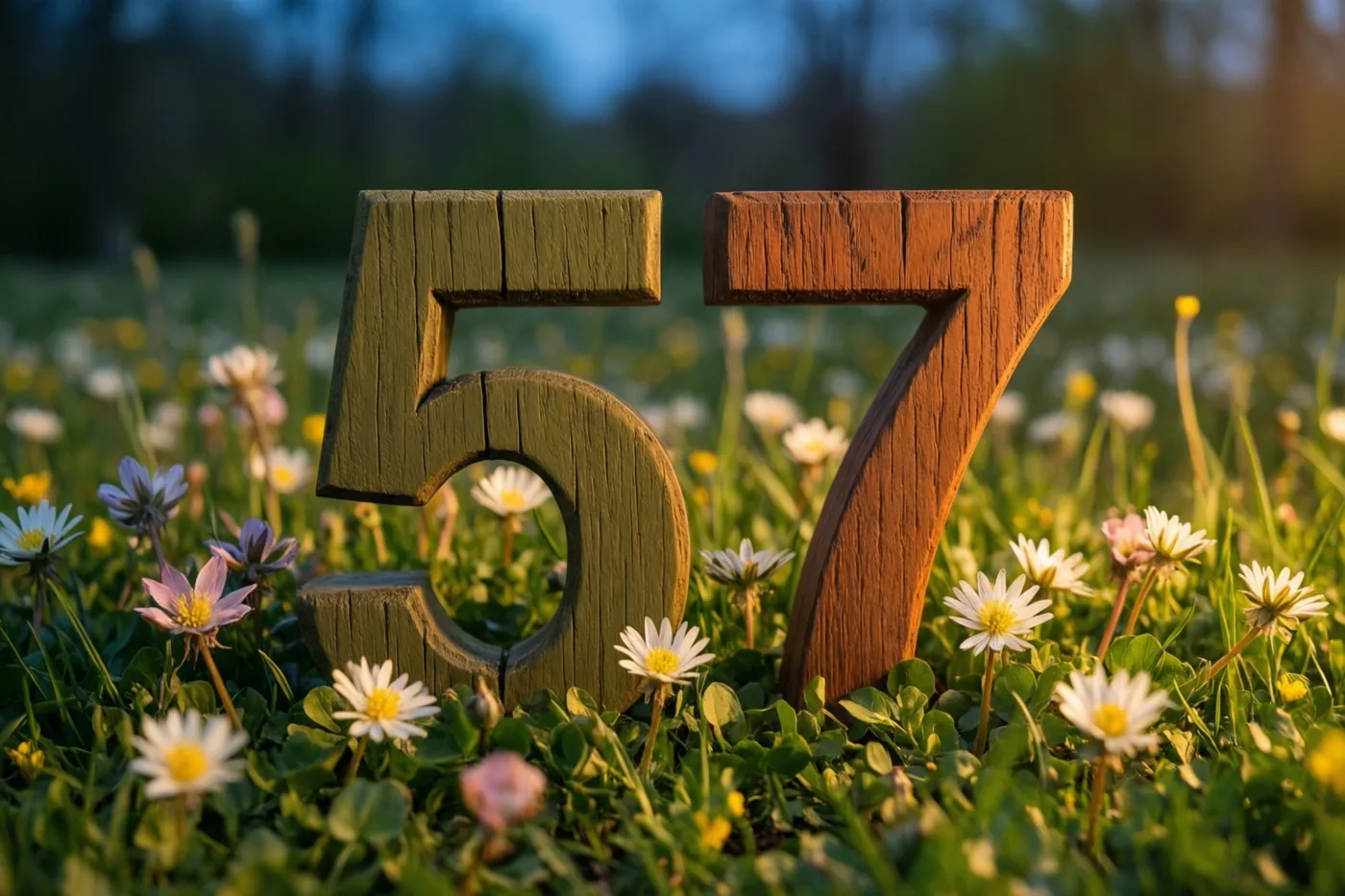 Houten cijfers vormen 57 in een zonnige grasweide met madeliefjes en andere kleine lentebloemen onder een zachtblauwe lucht.