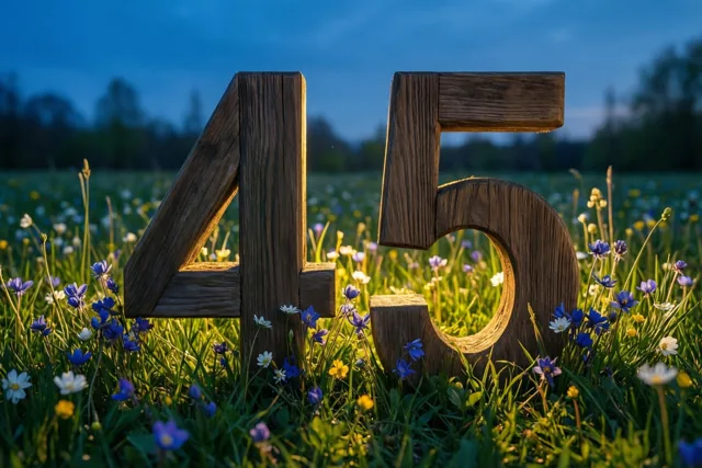 Houten cijfers vormen 45 tussen verse lentebloemen in een weide, met warm zonlicht en een schemerblauwe lucht.