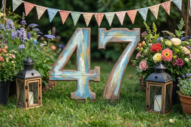 Een grote beschilderde houten 47 staat op gras tussen twee lantaarns en bloemen, met een kleurrijke vlaggenlijn erboven.