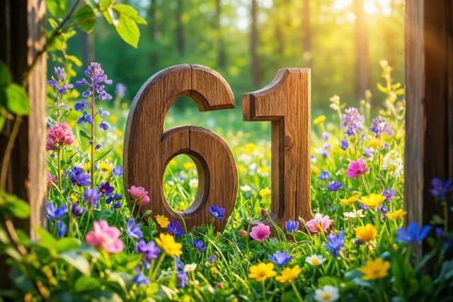Houten cijfers 61 staan in een weide vol kleurrijke lentebloemen, met warm zonlicht dat door de bomen valt.