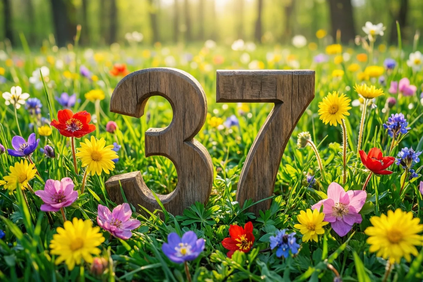 Houten cijfers 37 staan in een zonnige bloemenweide op een open plek in het bos, tussen rode, gele, roze en paarse bloesems.