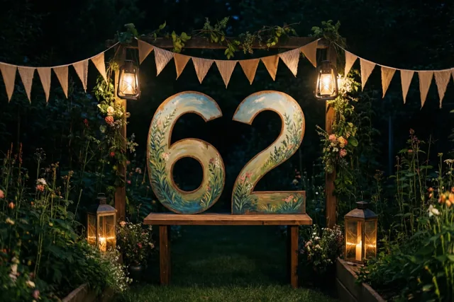 Een groot beschilderd houten getal 62 staat op een houten tuinbank tussen vlaggetjes, lantaarns en bloemversiering in de nacht.
