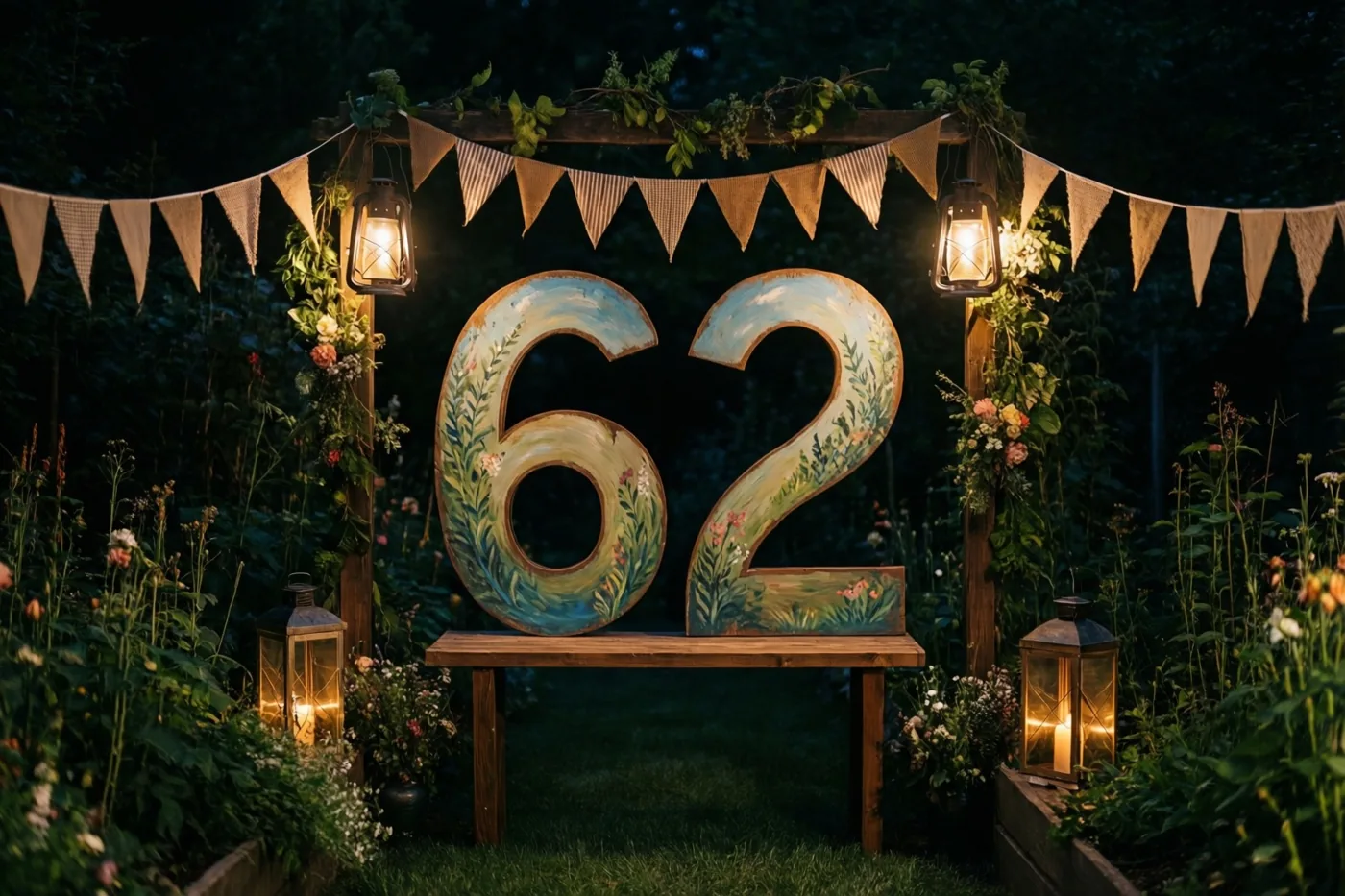 Een groot beschilderd houten getal 62 staat op een houten tuinbank tussen vlaggetjes, lantaarns en bloemversiering in de nacht.