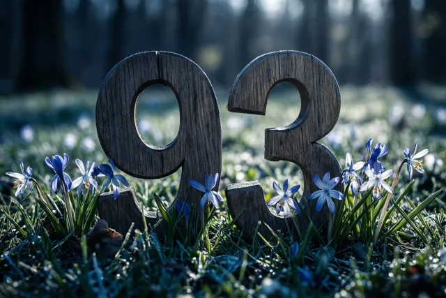 Houten cijfers vormen 93 in een zonnige grasweide met blauwe lentebloemen en een onscherp bos op de achtergrond.