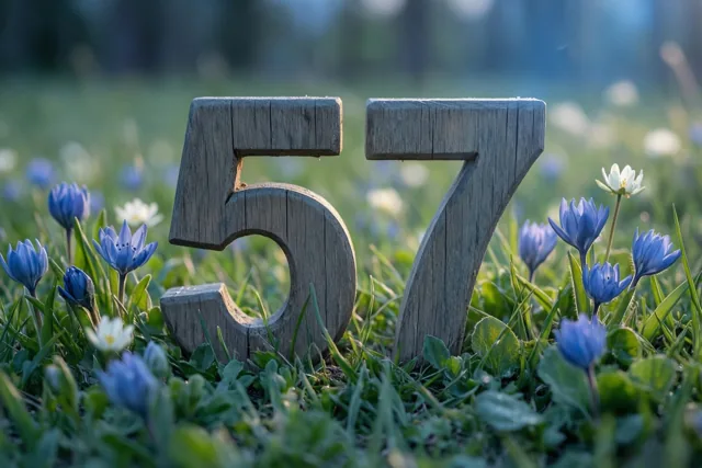 Houten cijfers vormen 57 in een grasweide vol blauwe en witte lentebloemen in zacht zonlicht.