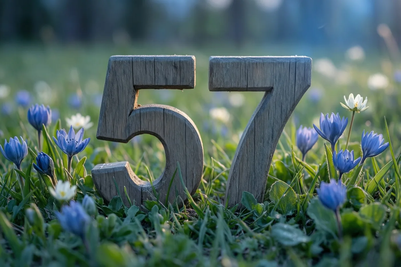 Houten cijfers vormen 57 in een grasweide vol blauwe en witte lentebloemen in zacht zonlicht.