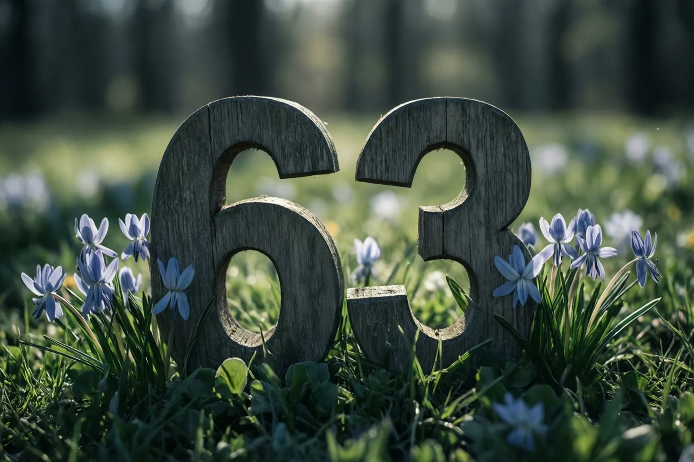 Houten cijfers 63 staan rechtop in een zonnige grasweide tussen kleine blauwe lentebloemen.