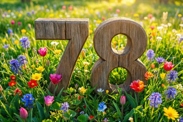 Houten cijfers vormen 78 in een zonnige weide met groene grassen, rode en gele lentebloemen en blauwe korenbloemen.