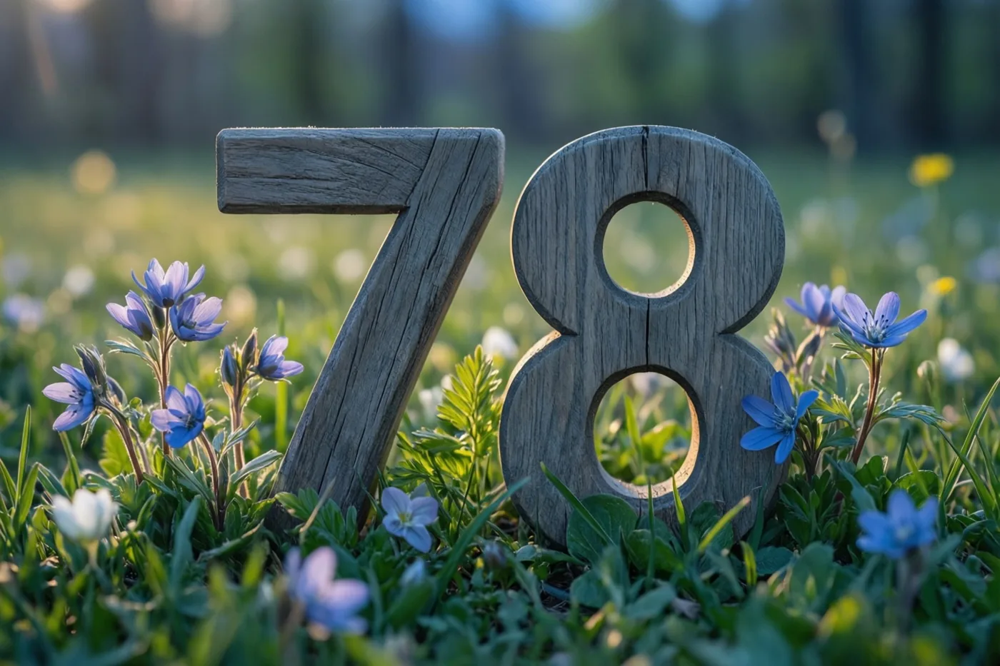 Houten cijfers vormen 78 in een grasweide met kleine blauwe en witte bloemen, in warm zonlicht voor een onscherpe groene achtergrond.