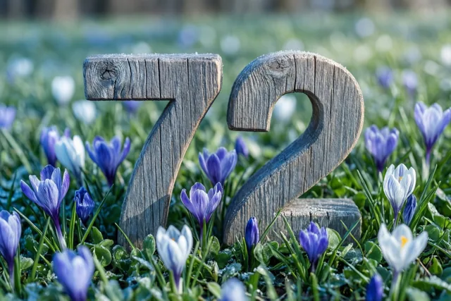 Houten cijfers 7 en 2 staan rechtop in een zonnige grasweide met bloeiende paarse en witte krokussen.