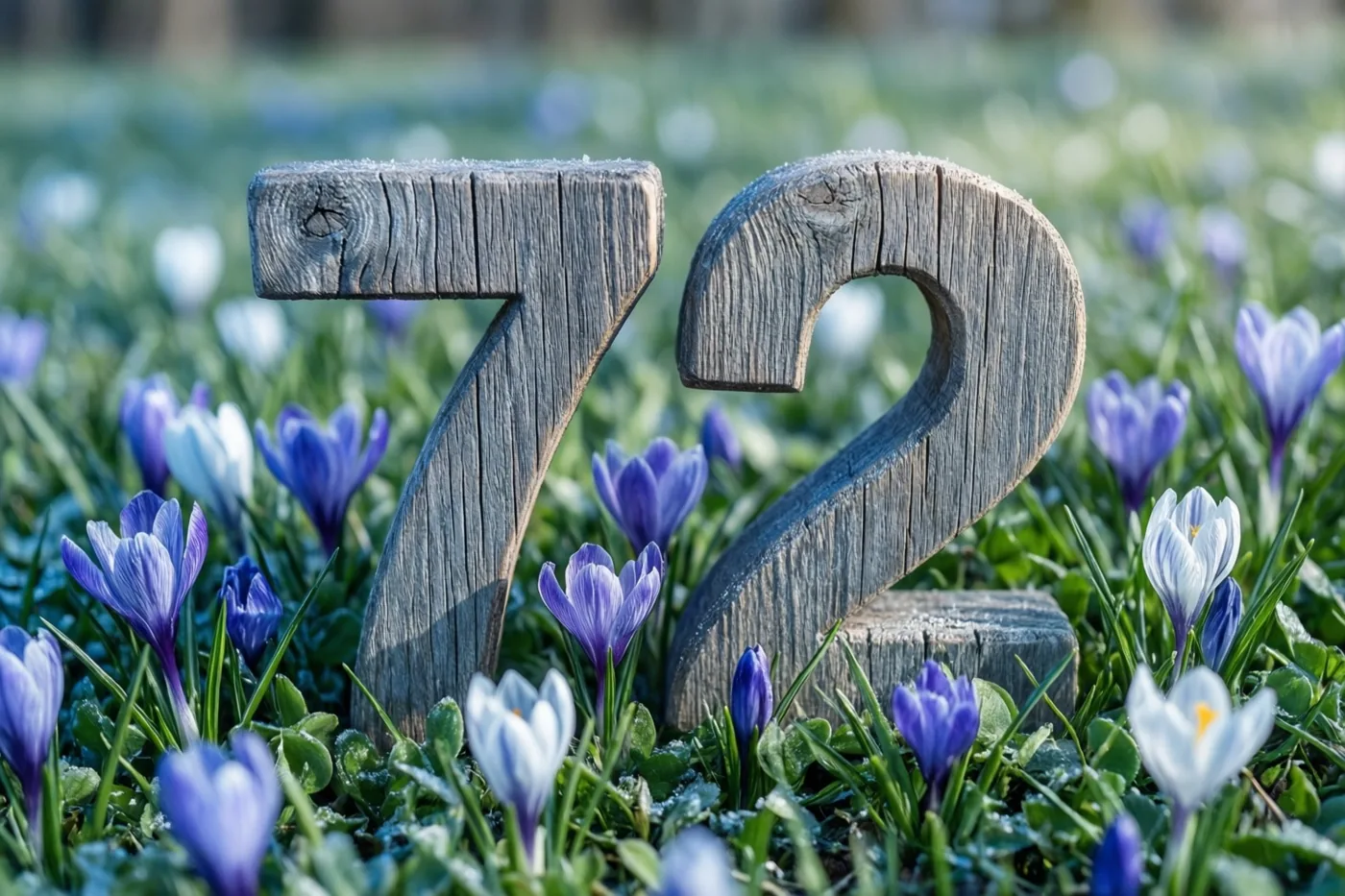 Houten cijfers 7 en 2 staan rechtop in een zonnige grasweide met bloeiende paarse en witte krokussen.
