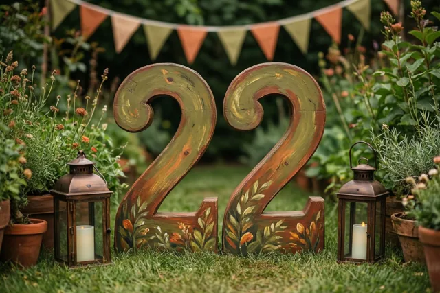 Twee grote beschilderde houten cijfers vormen 22 op het gras, tussen twee brandende lantaarns, potplanten en vlaggetjes in een tuin.