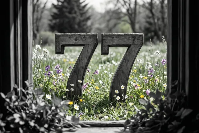 Twee houten zevens staan tussen kleurrijke lentebloemen, gezien door een raamkozijn, met een zwart-witte achtergrond.