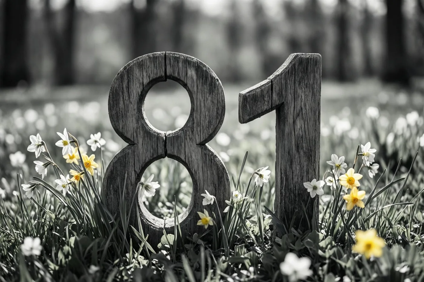 Houten cijfers die samen 81 vormen staan in een grasweide met lentebloemen, waarbij gele en witte bloemen afsteken tegen een zwart-witte achtergrond.