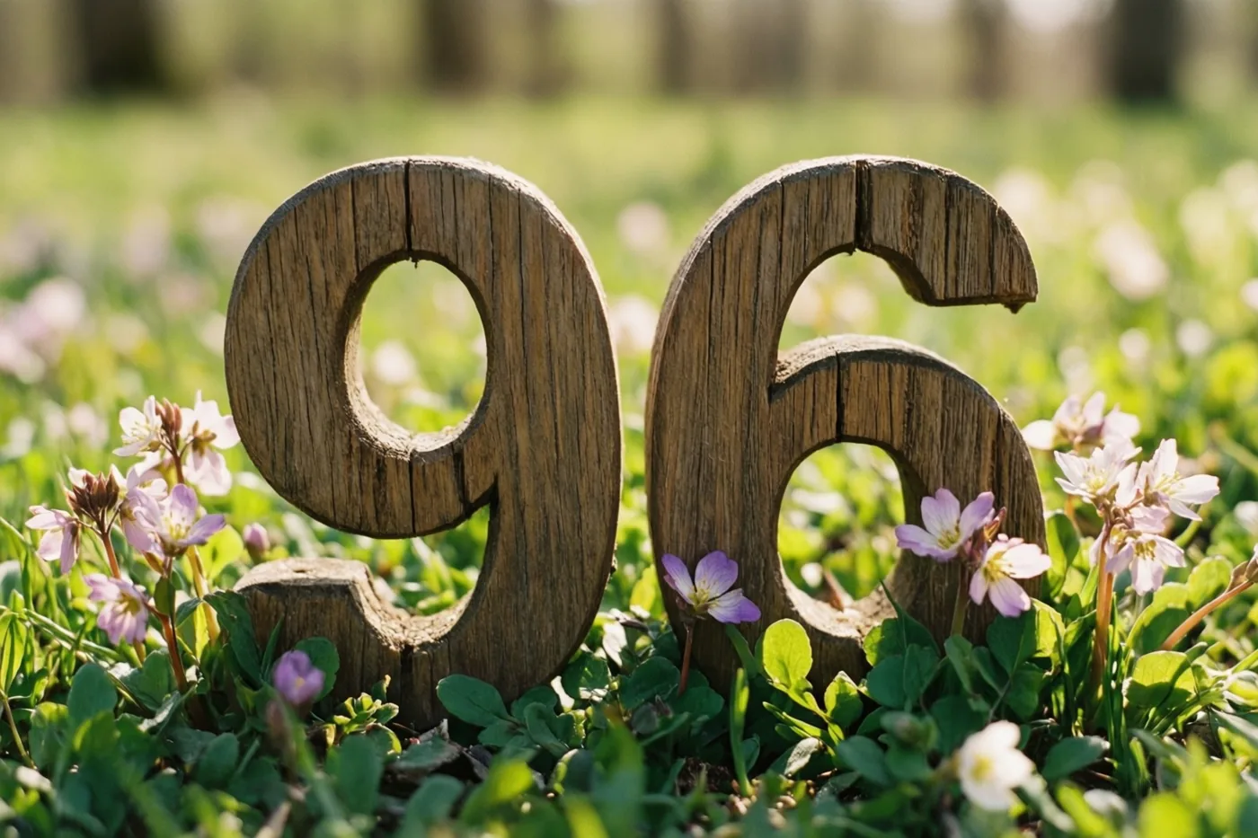 Houten cijfers vormen 96 in een zonnige grasweide met kleine lentebloemen en een zacht vervaagde achtergrond.
