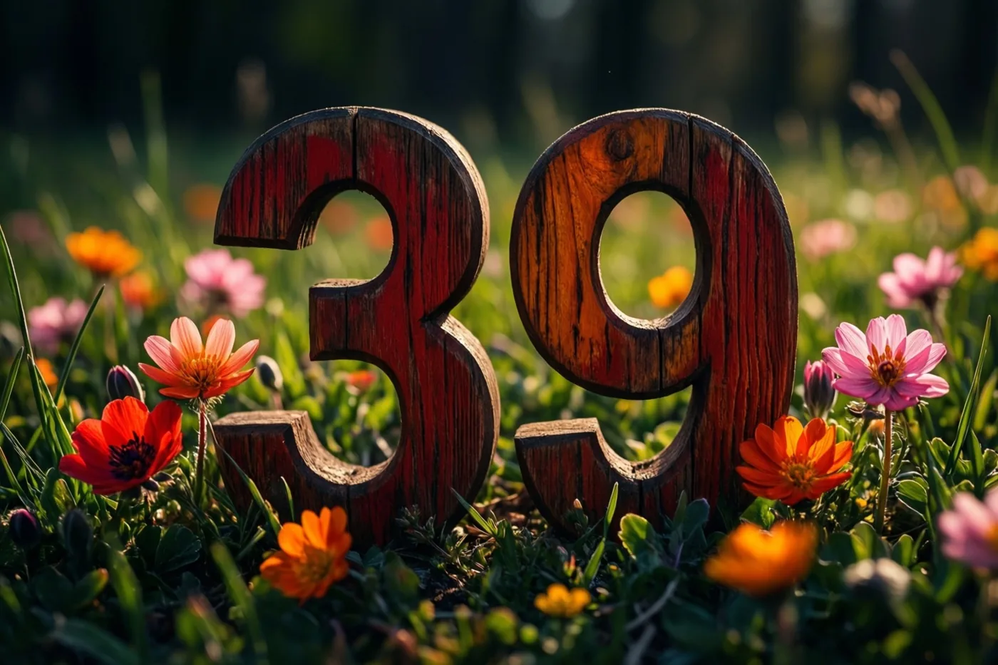 Houten cijfers vormen 39 in een zonnige grasweide vol kleurrijke lentebloemen in rode en oranje tinten.