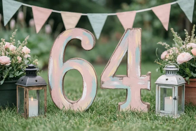 Een groot geschilderd houten getal 64 staat op groen gras tussen twee brandende lantaarns en potten met roze bloemen, onder een slinger pastelvlaggetjes.