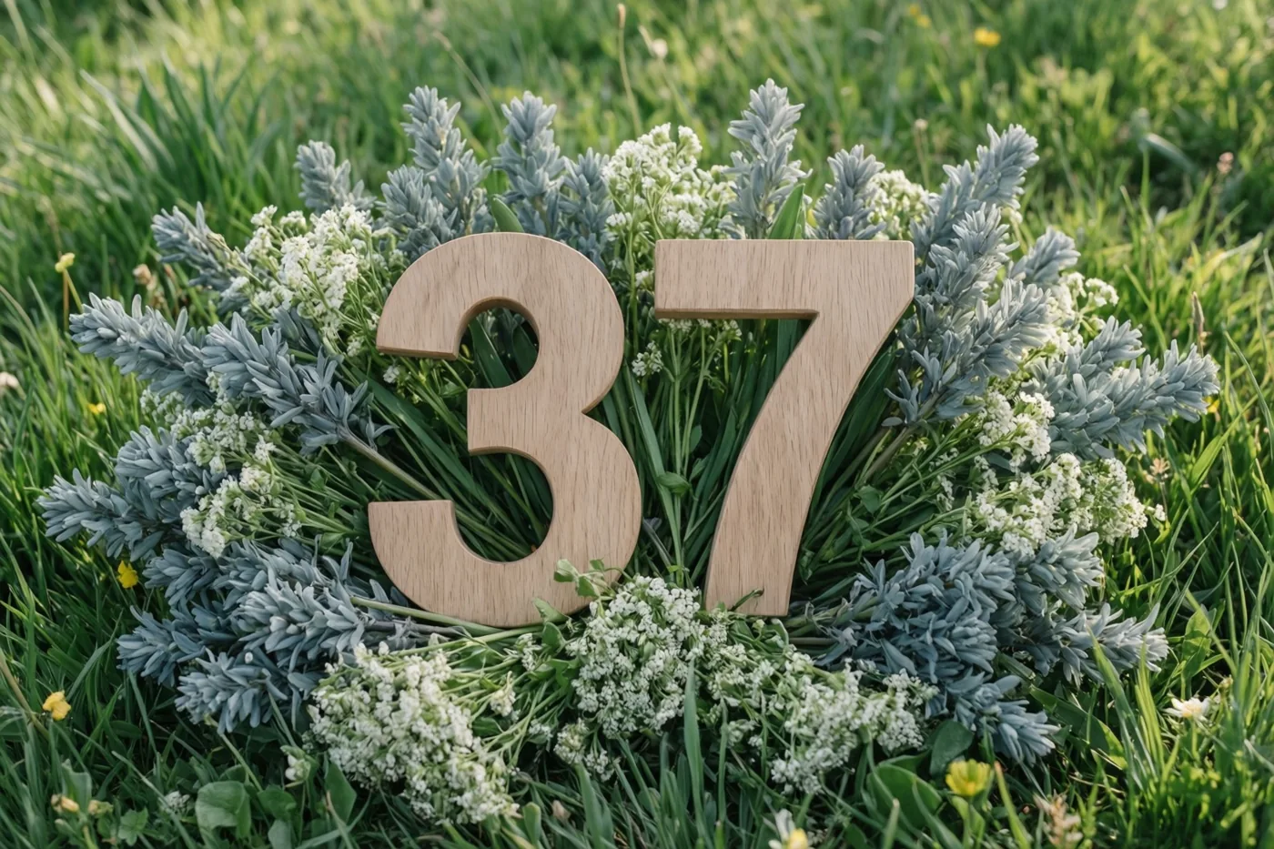 Houten cijfers 37 staan tussen gras, blauwgrijze lavendel en witte lentebloemen in een zonnige weide.