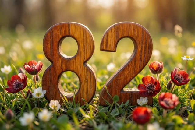 Houten cijfers die samen 82 vormen staan rechtop in een zonnige weide met gras en rode en witte lentebloemen.