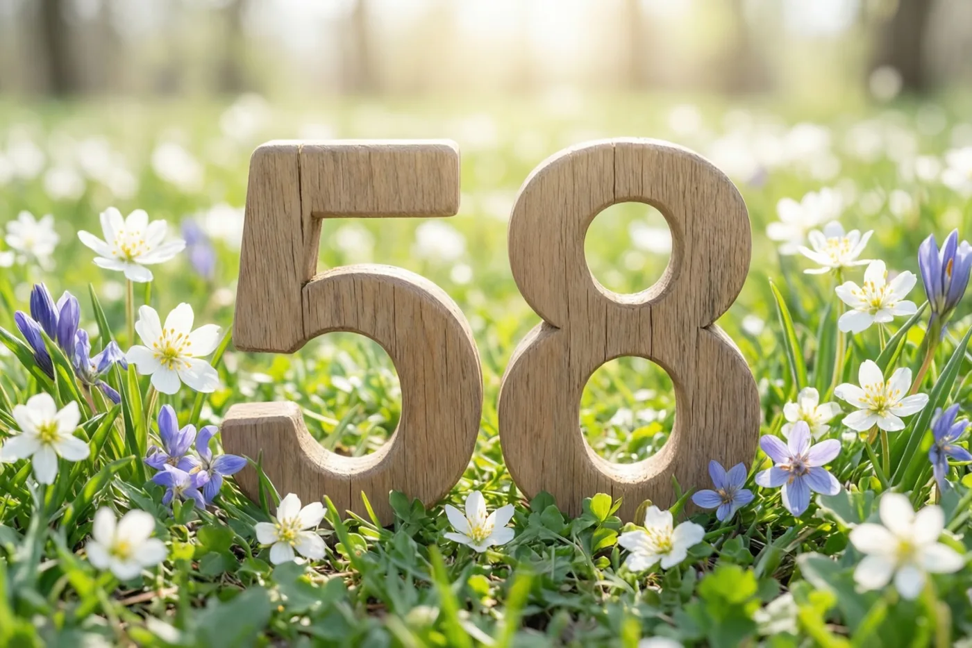 Houten cijfers vormen 58 in een zonnige grasweide met witte en paarse lentebloemen en een onscherpe achtergrond.