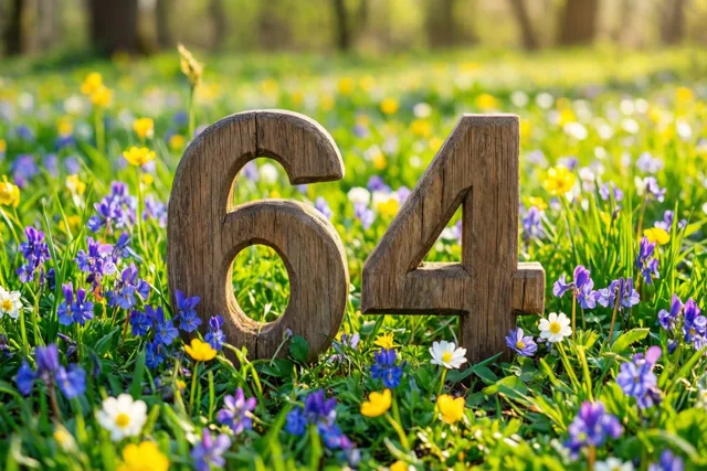 Houten cijfers vormen 64 in een groene weide vol lentebloemen onder helder zonlicht.