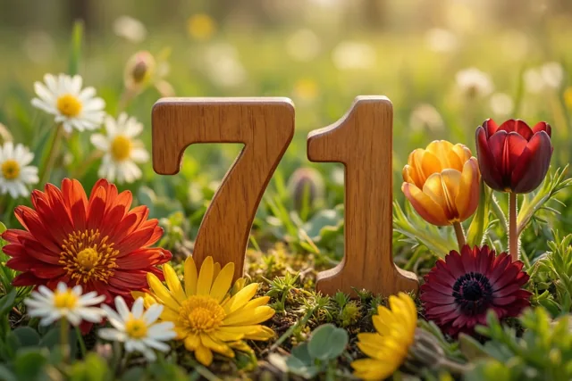 Houten cijfers 7 en 1 staan rechtop in een zonnige weide vol lentebloemen in rood, geel en groen.