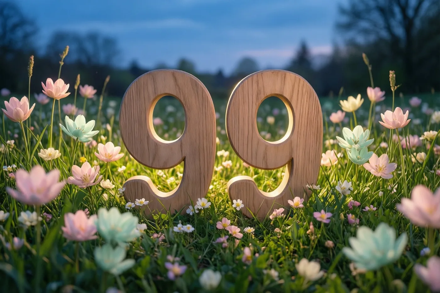 Twee grote houten negens staan tussen roze en lichtblauwe lentebloemen in zacht gouden zonlicht, onder een donkerblauwe hemel.