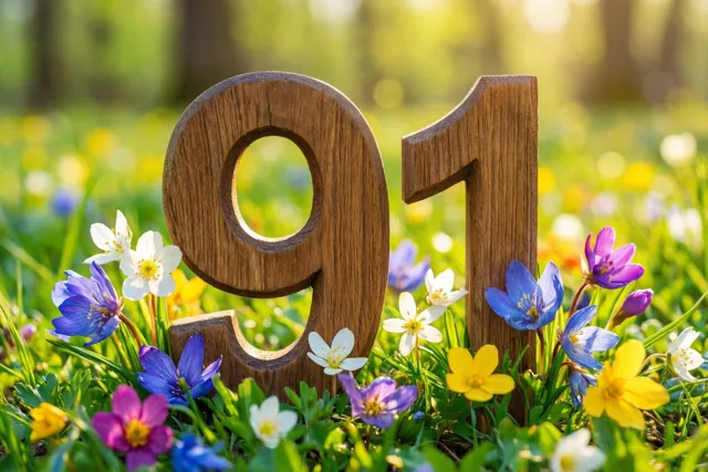 Houten cijfers vormen 91 in een zonnige weide met lentebloemen en onscherp gras en bomen op de achtergrond.