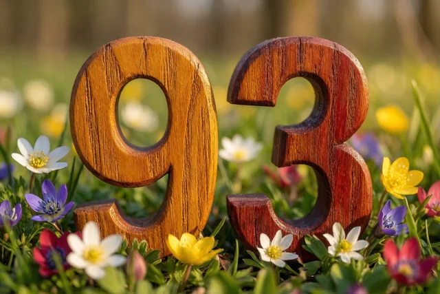 Houten cijfers vormen 93 in een zonnige weide met lentebloemen in groene, gele en witte tinten.