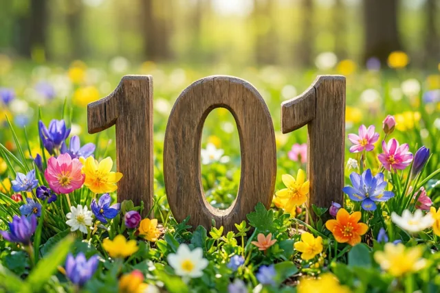 Houten cijfers vormen 101 in een zonnige weide vol lentebloemen, met groen, geel en roze als opvallende kleuren.