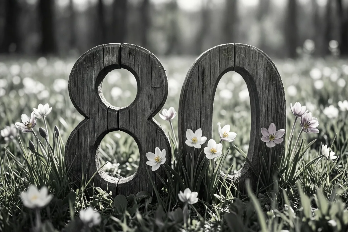 Op een zwart-witfoto staan houten cijfers die samen 80 vormen in een grasweide met kleine lentebloemen, met een onscherpe achtergrond.