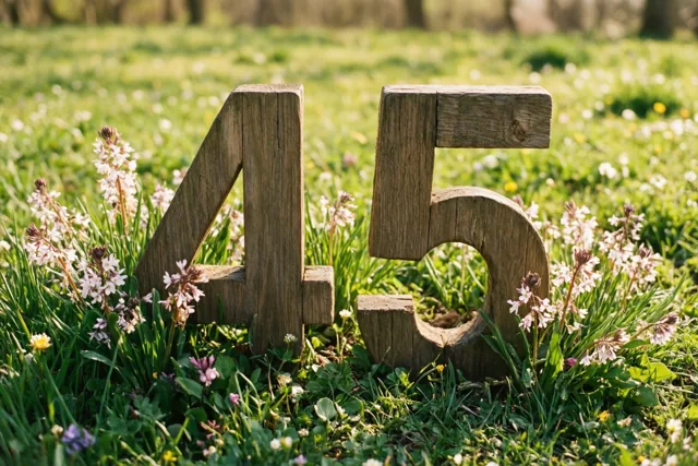 Houten cijfers vormen 45 in een zonnige weide met groen gras en kleine witte en roze lentebloemen.