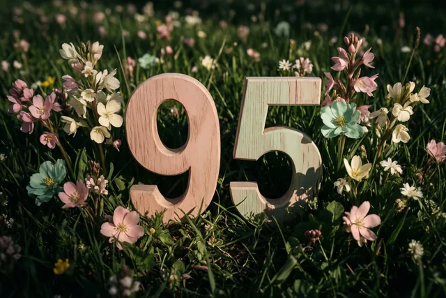 Houten cijfers vormen 95 in een zonnige weide met verse lentebloemen, in zachte groene, roze en lichtblauwe tinten.