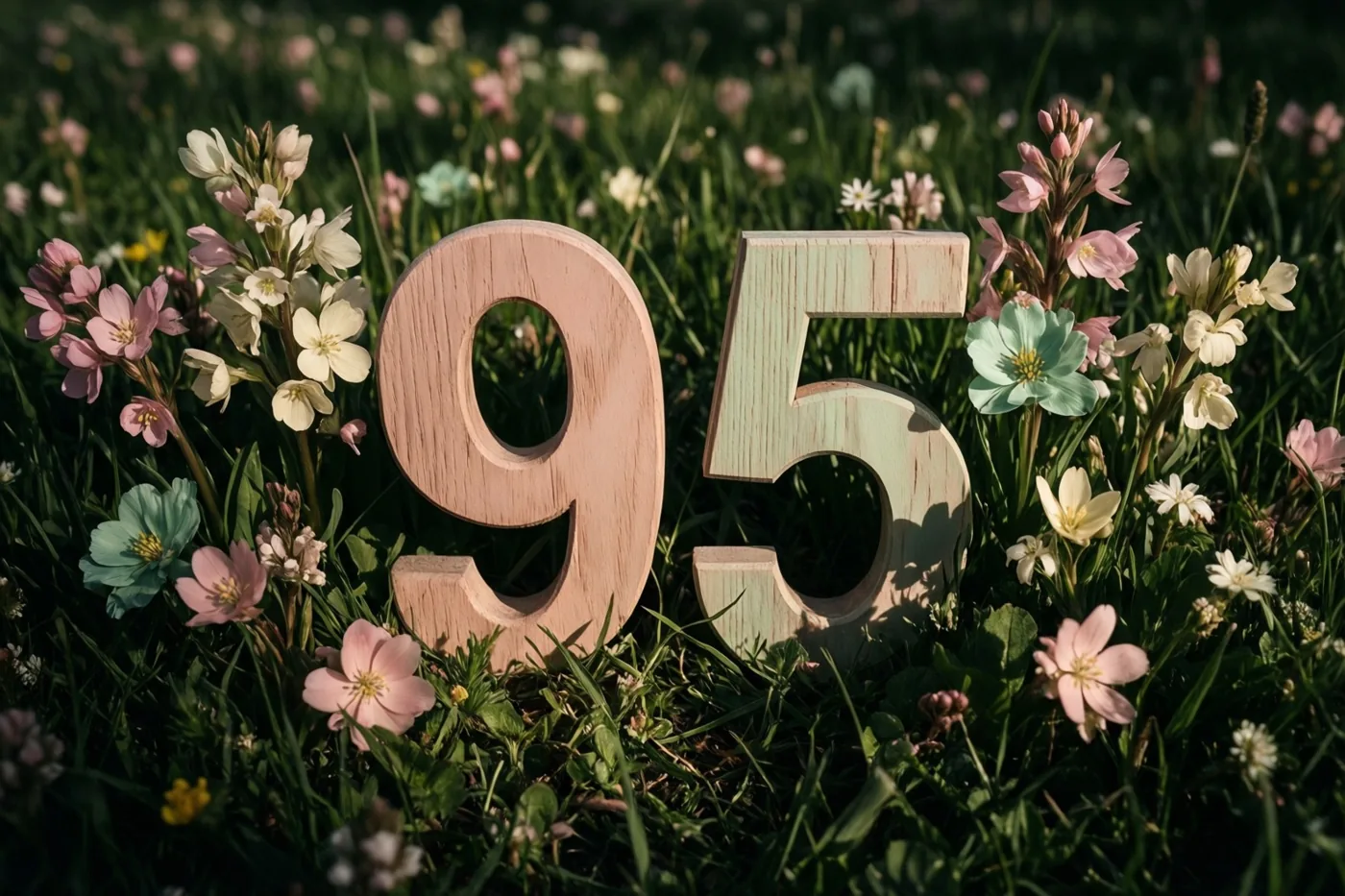 Houten cijfers vormen 95 in een zonnige weide met verse lentebloemen, in zachte groene, roze en lichtblauwe tinten.