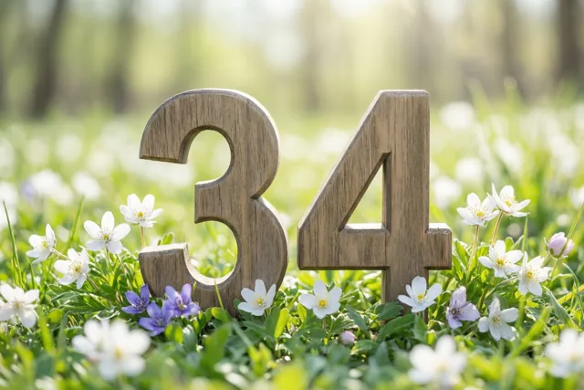 Houten cijfers die 34 vormen staan rechtop in een zonnig veld met groen gras en witte en paarse lentebloemen.