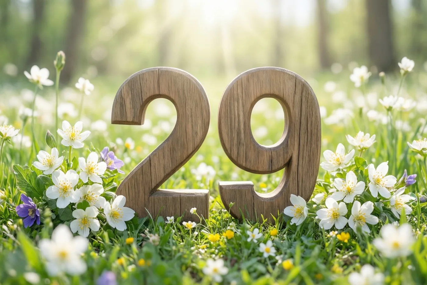 Houten cijfers 29 staan rechtop in een zonnige weide met witte en gele lentebloemen.