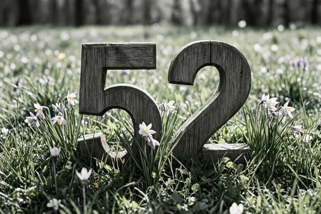 Houten cijfers 52 staan in een zonnige grasweide met kleine witte en paarse lentebloemen en een onscherpe achtergrond.
