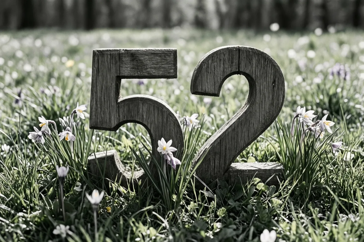 Houten cijfers 52 staan in een zonnige grasweide met kleine witte en paarse lentebloemen en een onscherpe achtergrond.