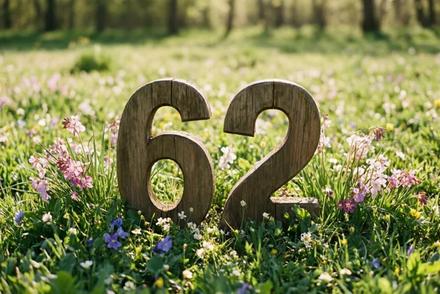 Houten cijfers vormen 62 in een zonnige groene weide met roze, paarse en witte lentebloemen.