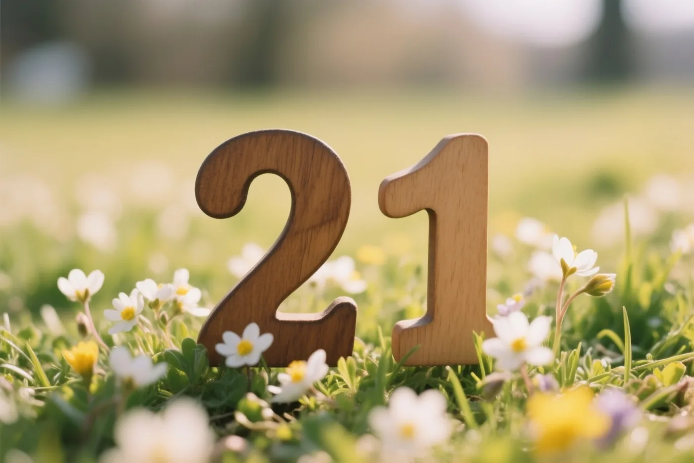 Houten cijfers vormen 21 in een zonnige grasweide met kleine witte en gele lentebloemen.