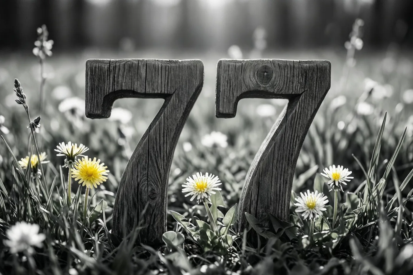 Twee houten zevens staan in een grasweide met paardenbloemen, in zwart-wit met geel gekleurde bloemharten.