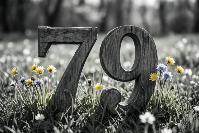 Houten cijfers die samen 79 vormen staan in een grasweide met paardenbloemen en kleine bloemen, grotendeels in zwart-wit met gele en blauwe kleuraccenten.