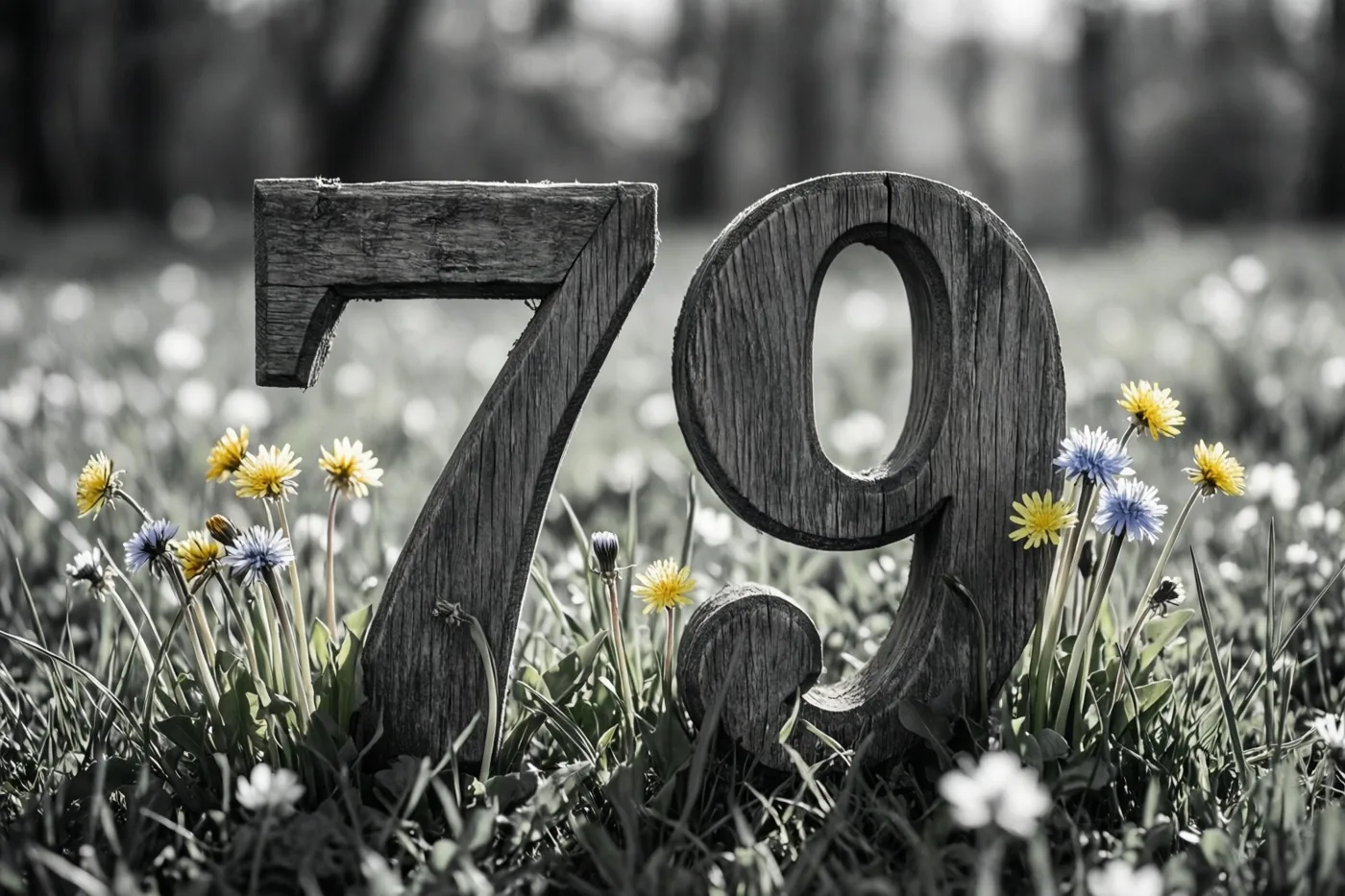 Houten cijfers die samen 79 vormen staan in een grasweide met paardenbloemen en kleine bloemen, grotendeels in zwart-wit met gele en blauwe kleuraccenten.