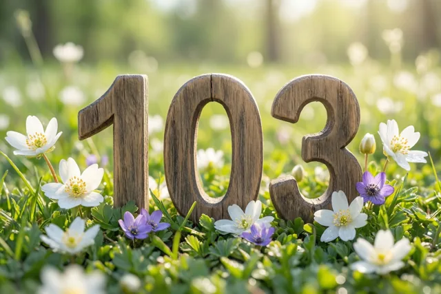 Houten cijfers vormen 103 in een zonnige groene weide met witte en paarse lentebloemen.