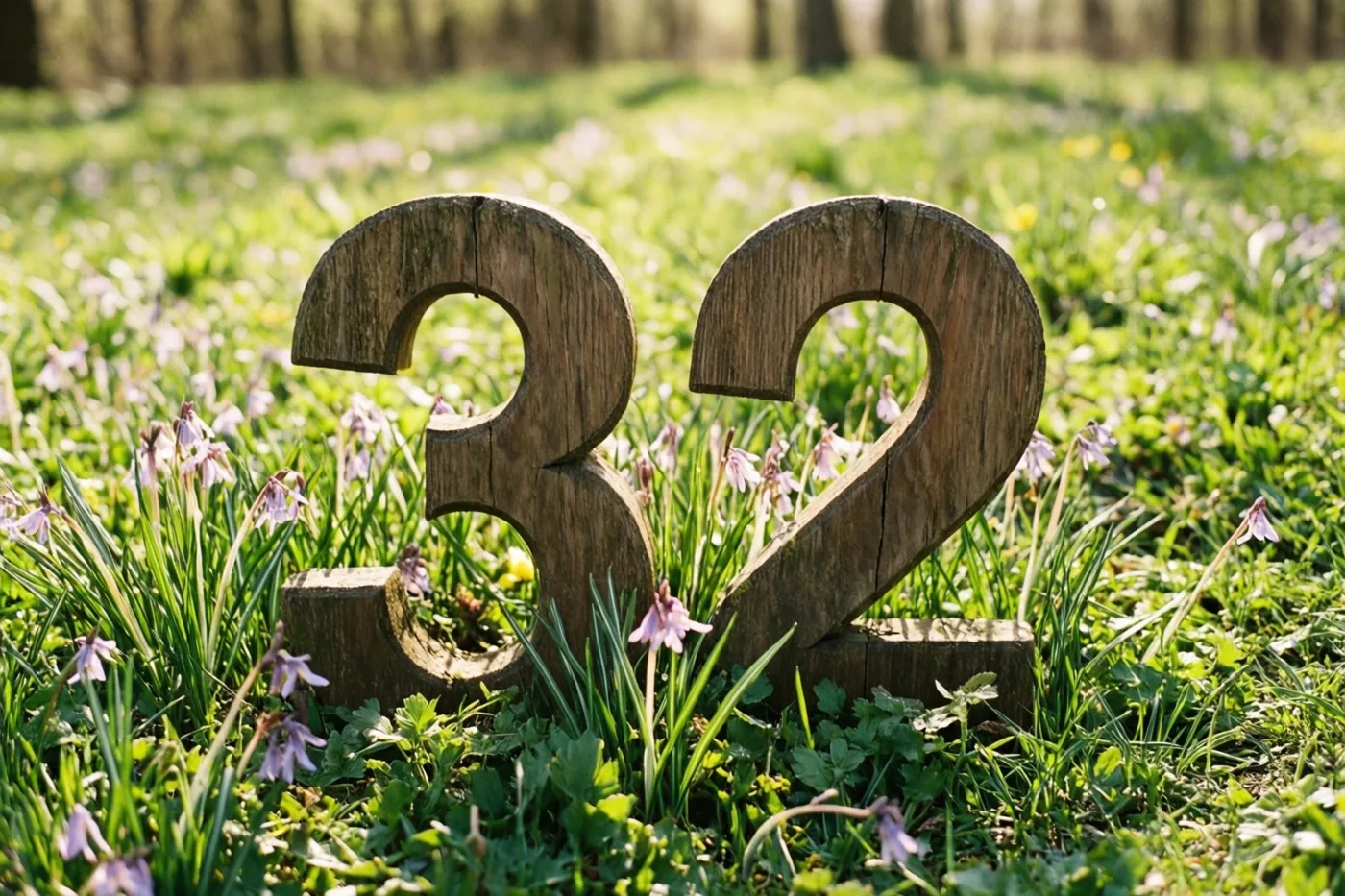 Houten cijfers 32 staan rechtop in een zonnige grasweide met kleine paarse bloemen.