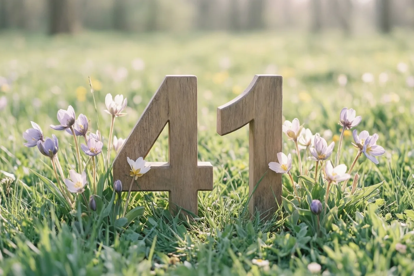 Houten cijfers vormen 41 in een zonnige grasweide met kleine paarse en witte lentebloemen tegen onscherp groen.