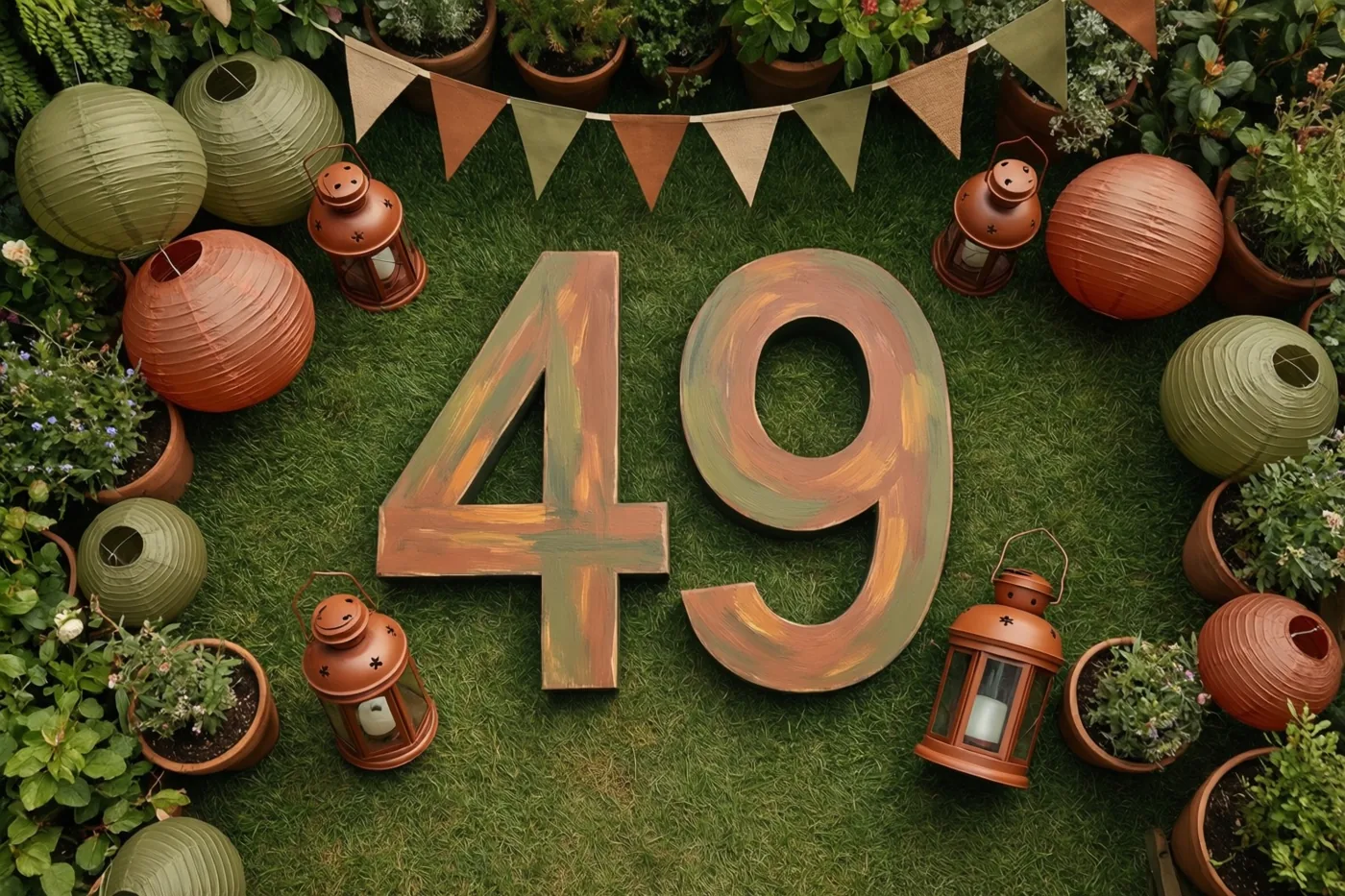 Grote beschilderde houten cijfers 49 staan op groen gras tussen potplanten, papieren lantaarns en vlaggetjes.