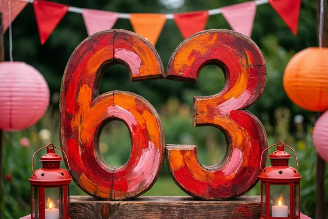 Een groot beschilderd houten getal 63 staat op een houten ondergrond tussen rode lantaarns met brandende kaarsen, met vlaggetjes en lampions in de tuin erachter.