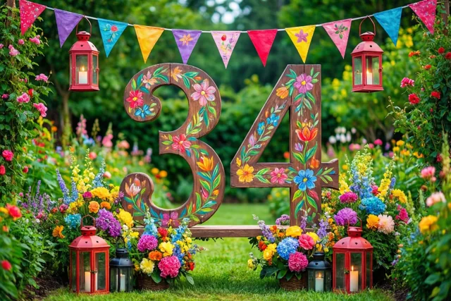 Een groot geschilderd houten getal 34 staat in een tuin tussen kleurrijke bloemen, vlaggetjes en rode lantaarns met brandende kaarsen.